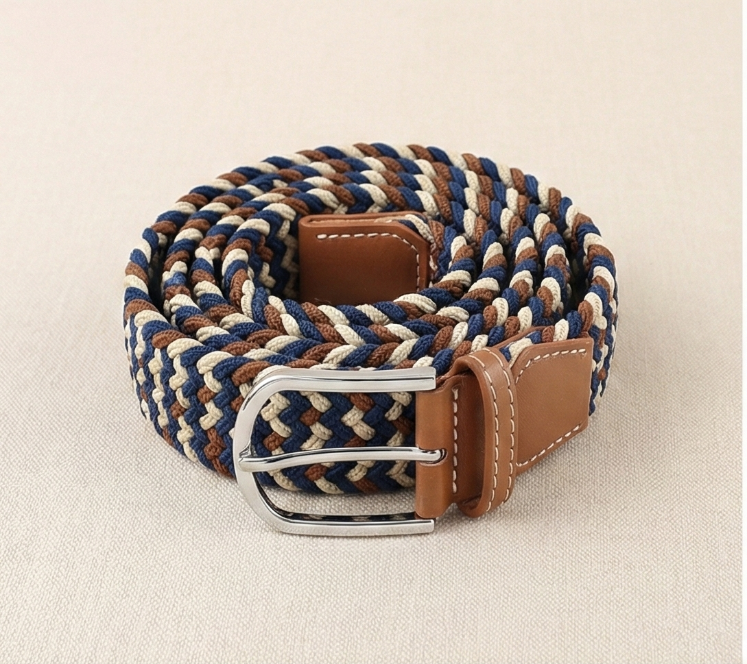 Braided Stretch Belt - Navy Beige Brown