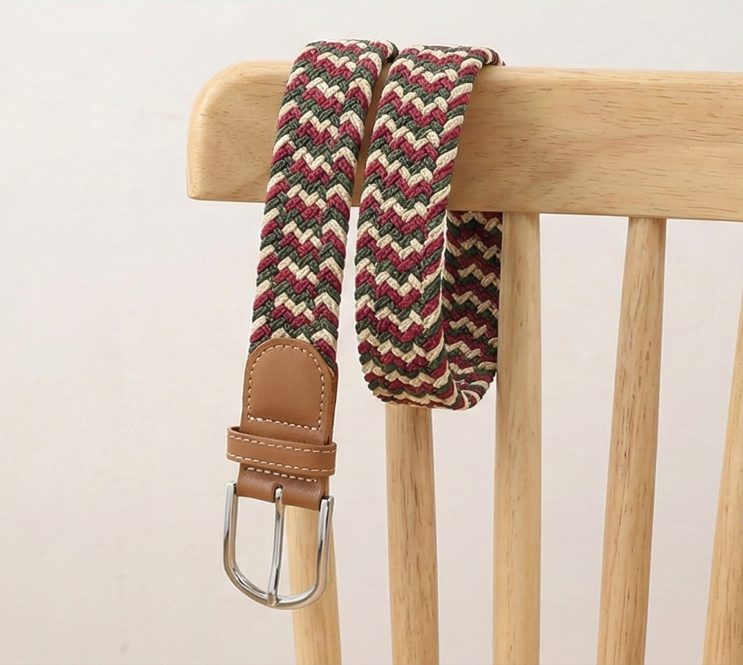 Braided Stretch Belt - Beige Green Red
