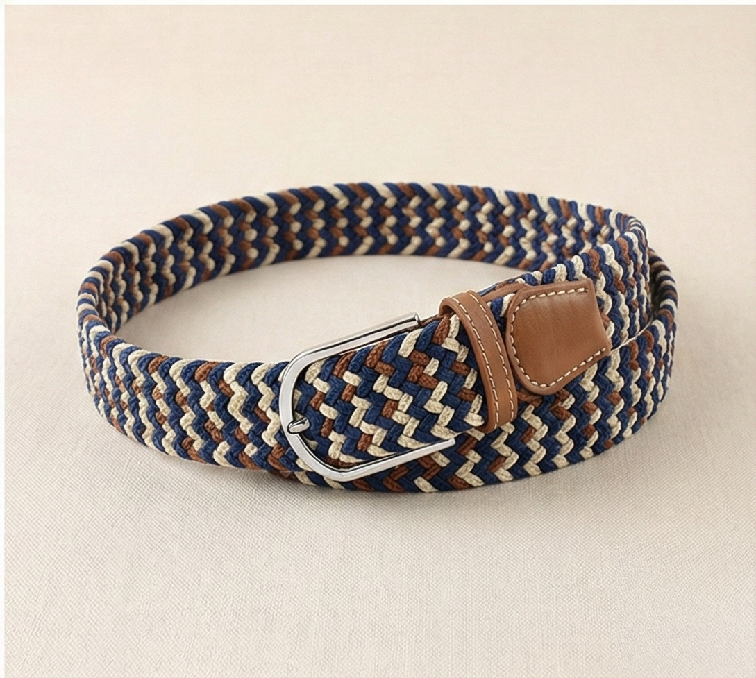 Braided Stretch Belt - Navy Beige Brown