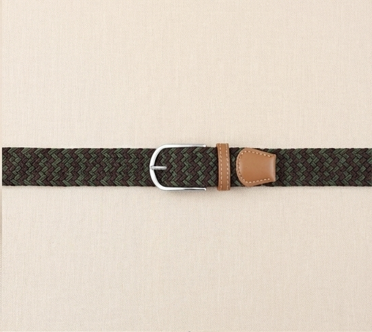 Braided Stretch Belt - Olive Green & Dark Brown