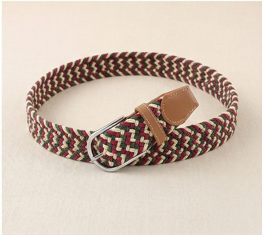 Braided Stretch Belt - Beige Green Red