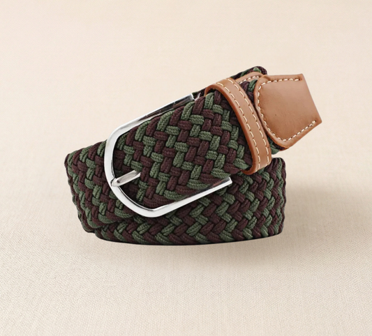 Braided Stretch Belt - Olive Green & Dark Brown