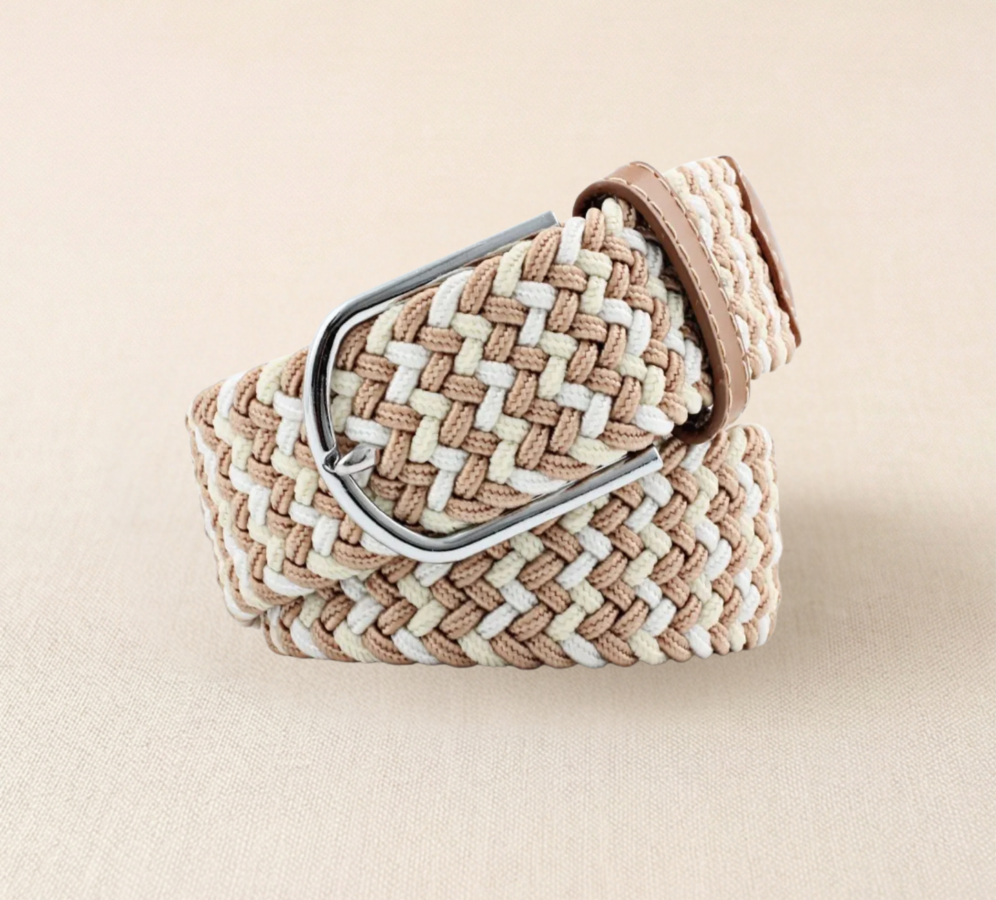 Braided Stretch Belt - Khaki Beige White