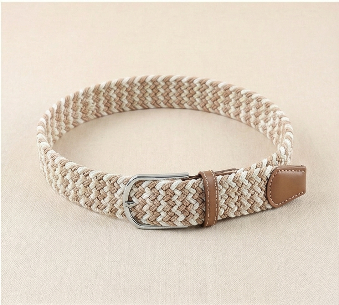 Braided Stretch Belt - Khaki Beige White