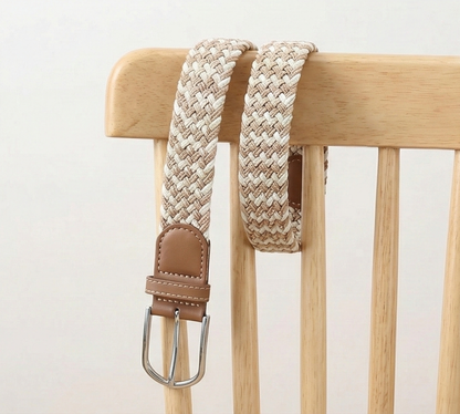 Braided Stretch Belt - Khaki Beige White