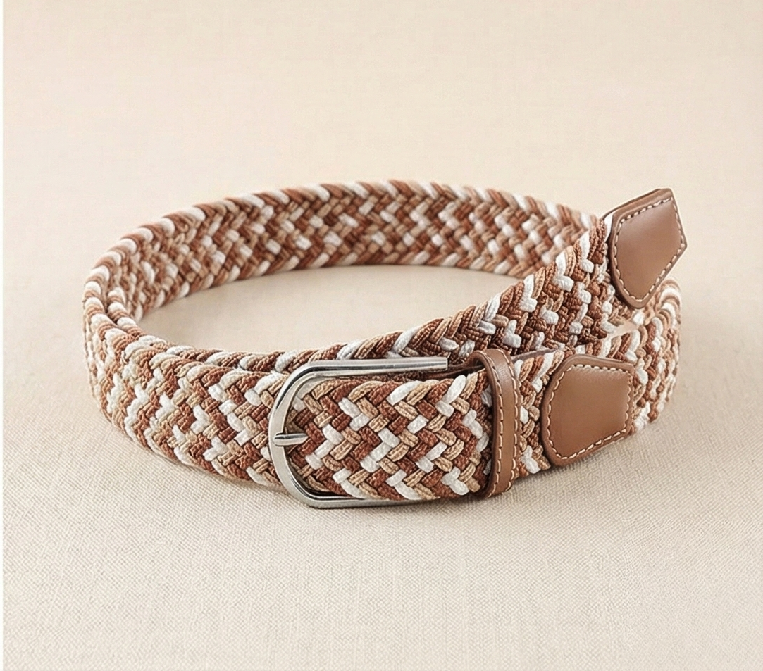 Braided Stretch Belt - Beige Coffee White