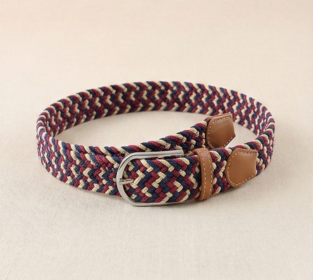 Braided Stretch Belt - Blue Red Cream