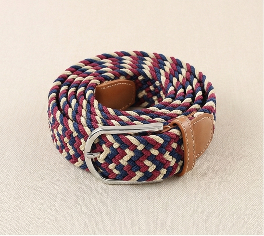 Braided Stretch Belt - Blue Red Cream