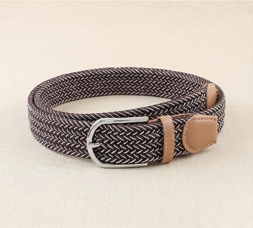 Braided Stretch Belt – Heritage (Dark Brown & White)
