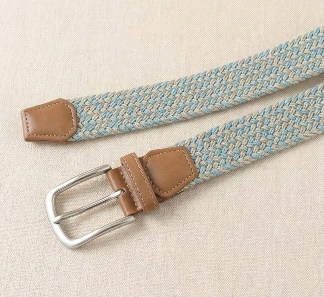 Braided Stretch Belt - Beige & Light Blue